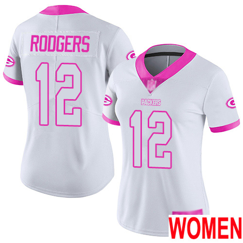 Green Bay Packers Limited White Pink Women #12 Rodgers Aaron Jersey Nike NFL Rush Fashion